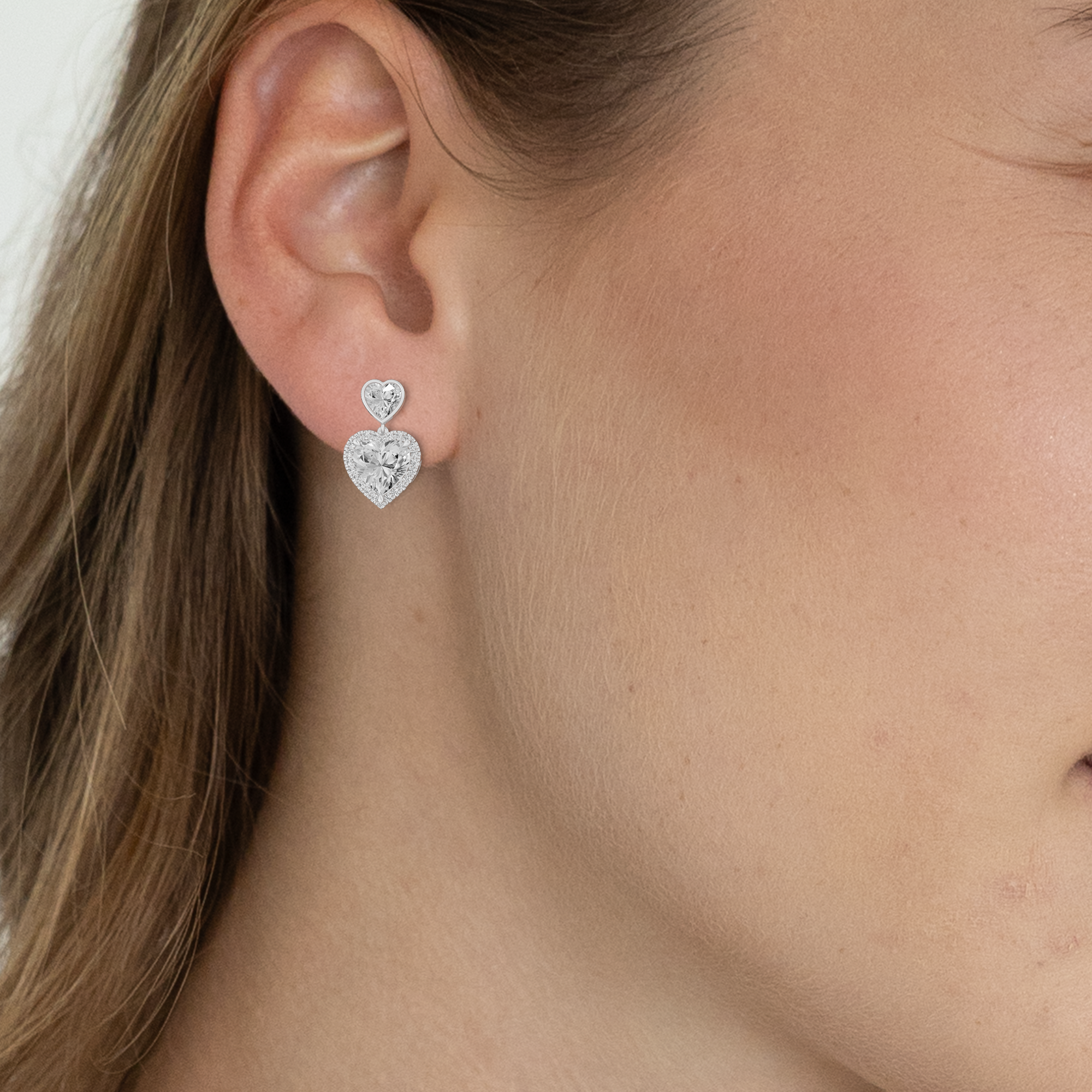 Double Heart Solitaire Dangler Earrings-Heart