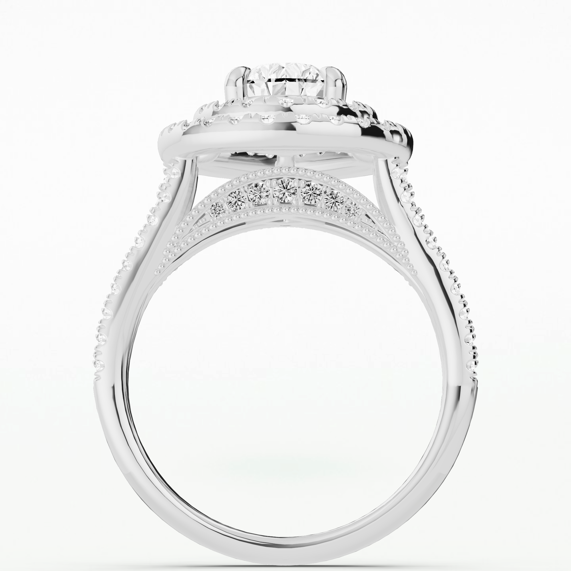 Double Halo Triple Shank Solitaire Diamond Ring-Pear
