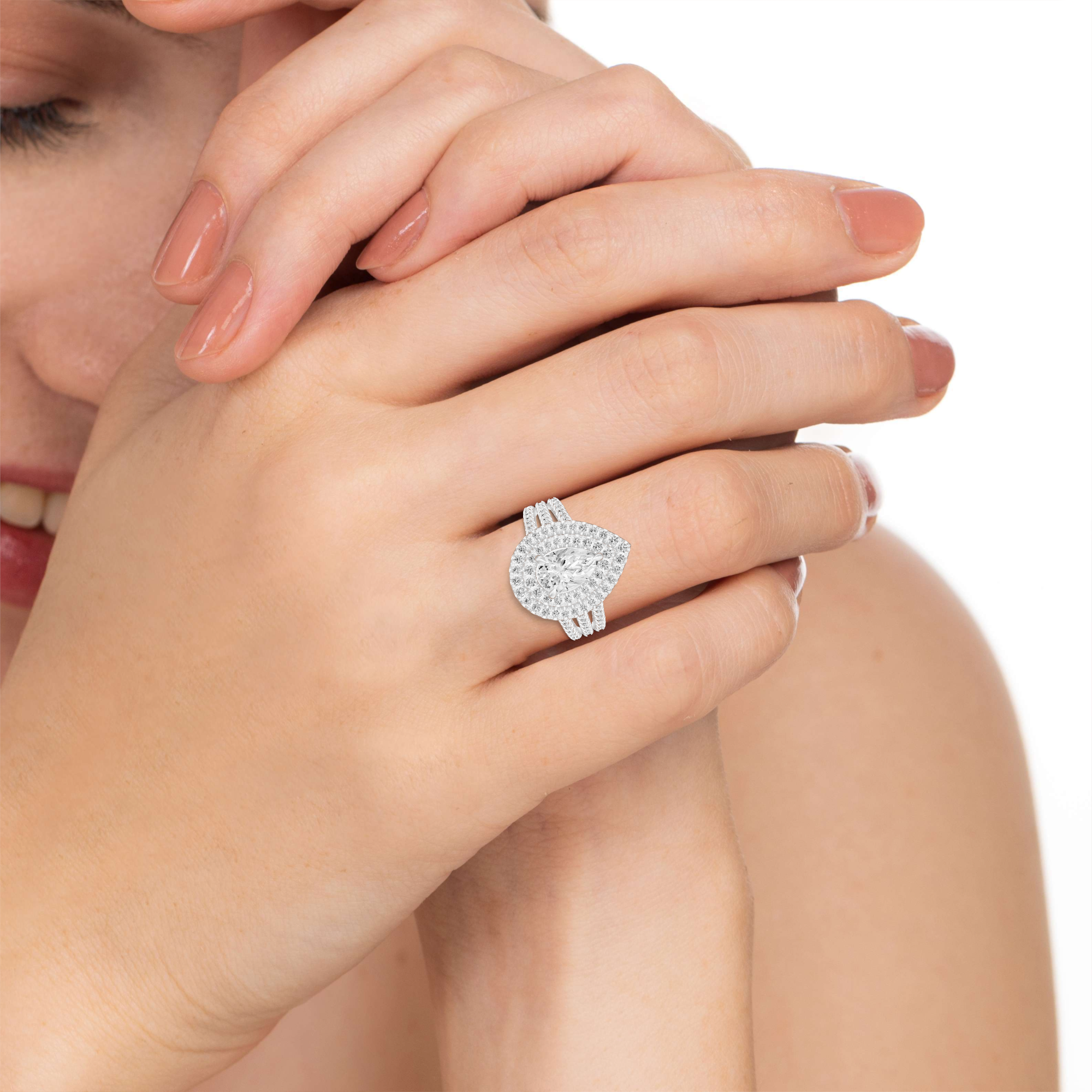 Double Halo Triple Shank Solitaire Diamond Ring-Pear