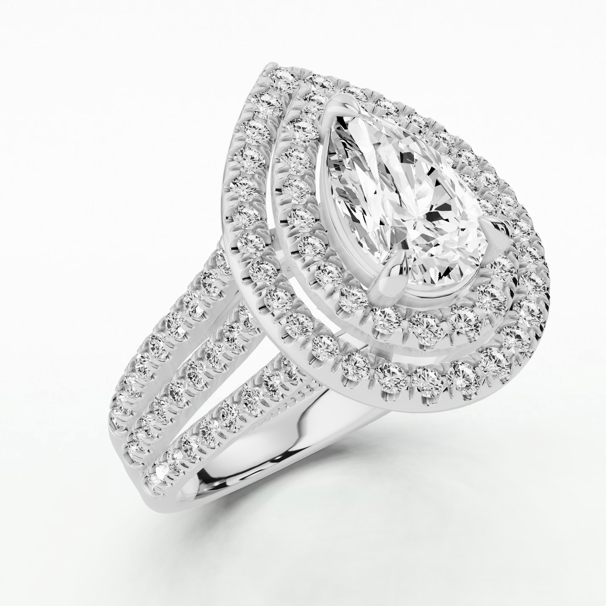 Double Halo Triple Shank Solitaire Diamond Ring-Pear