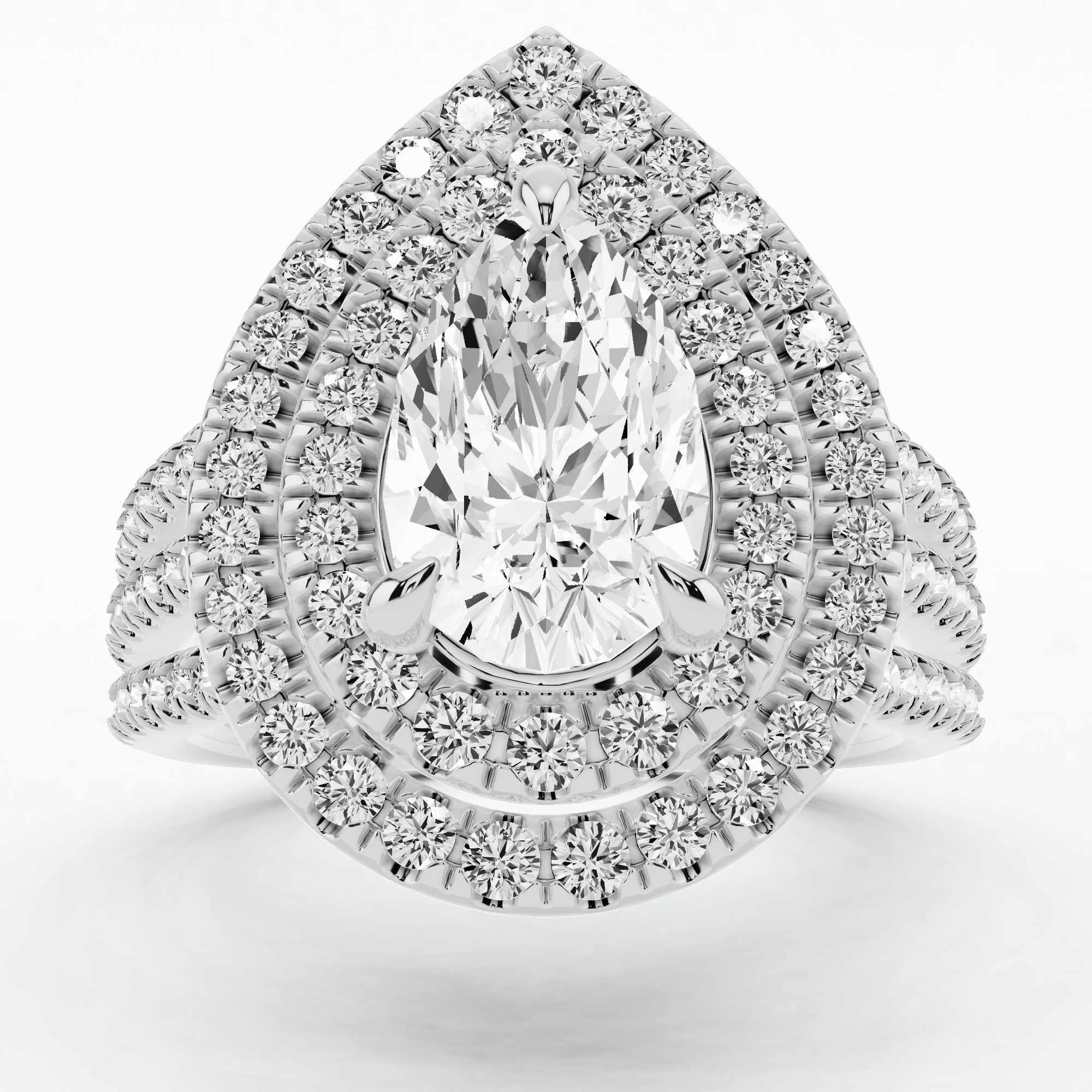 Double Halo Triple Shank Solitaire Diamond Ring-Pear