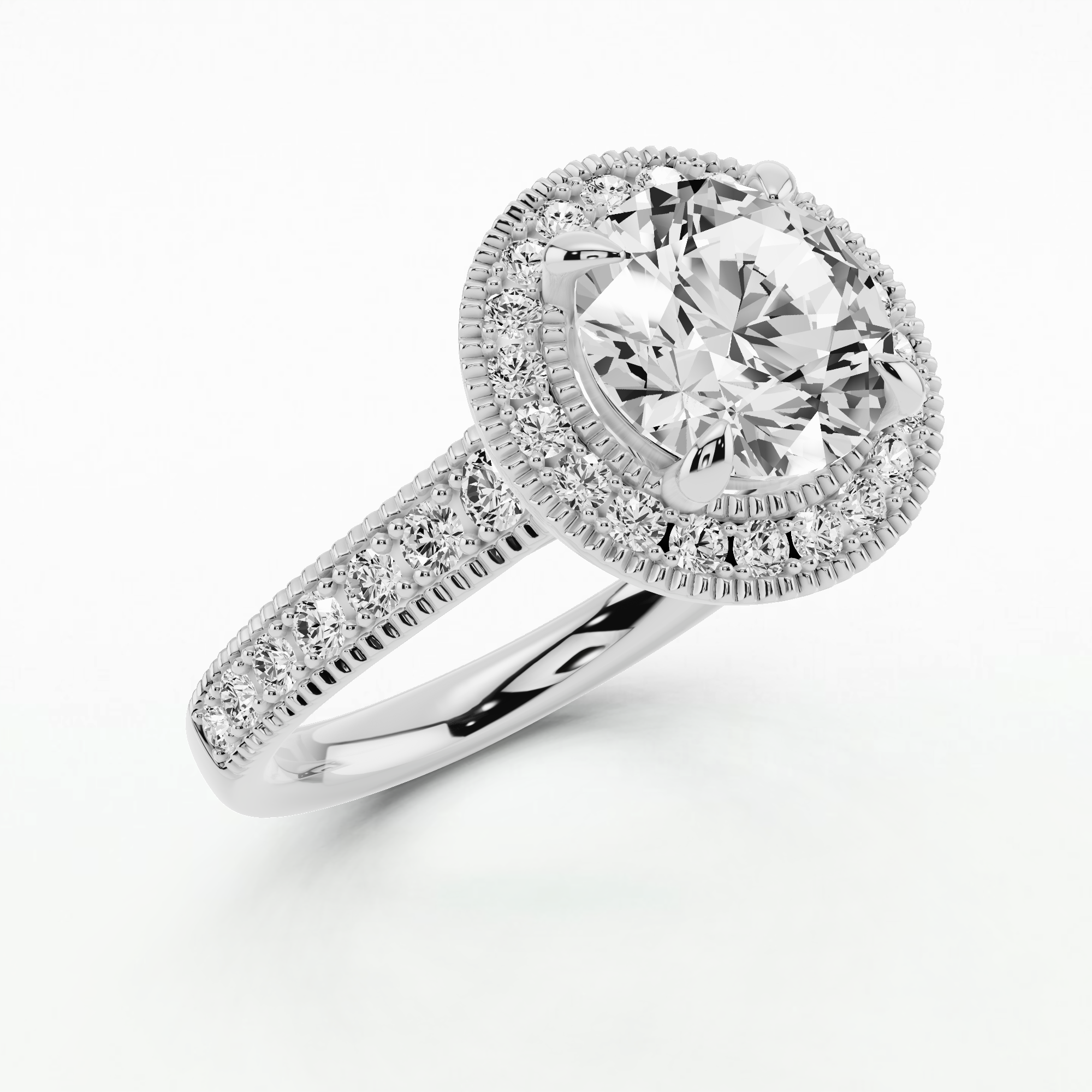 Miligrain Accent Studded Shank With Halo Solitaire Ring-Round