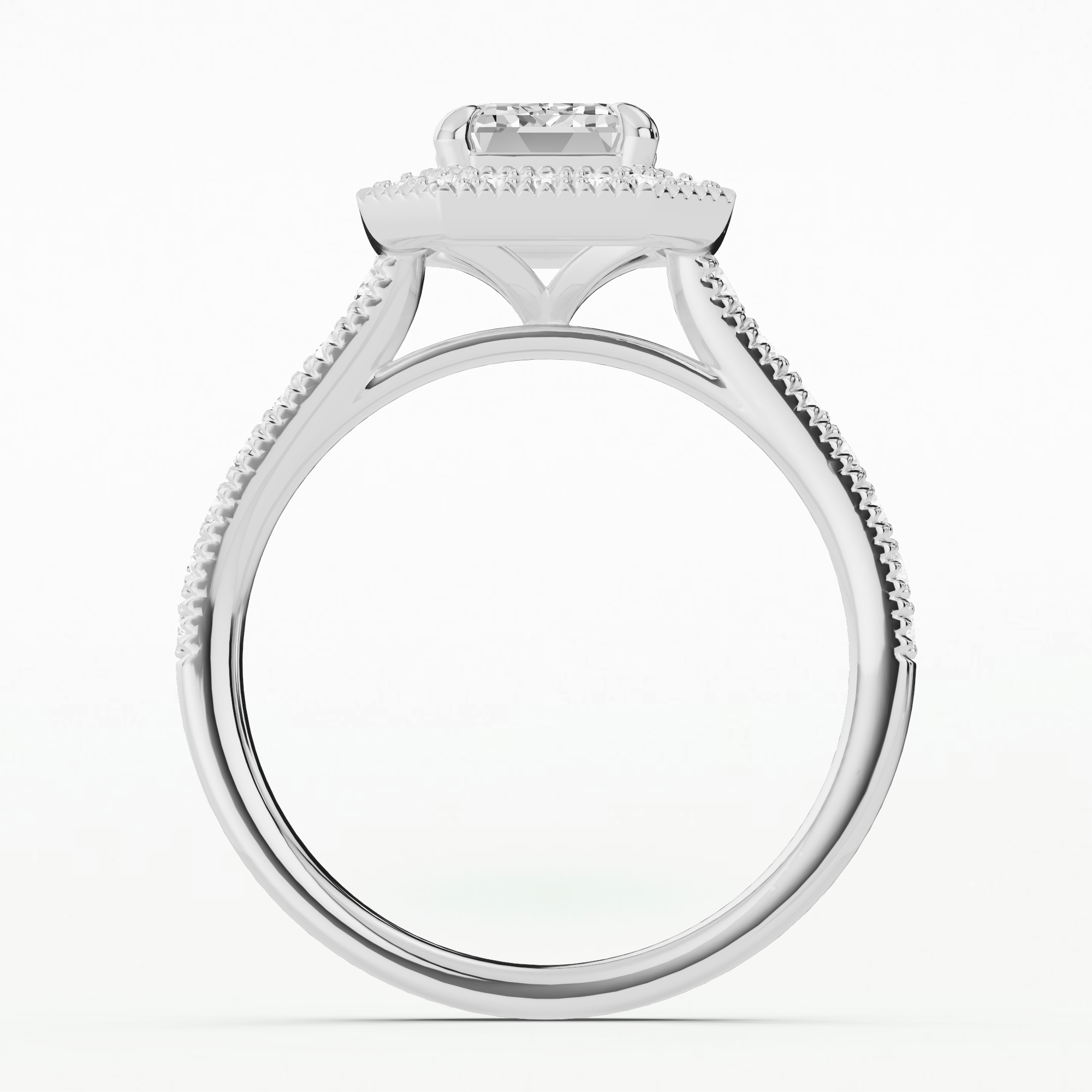 Miligrain Accent Studded Shank With Halo Solitaire Ring-Emerald Cut