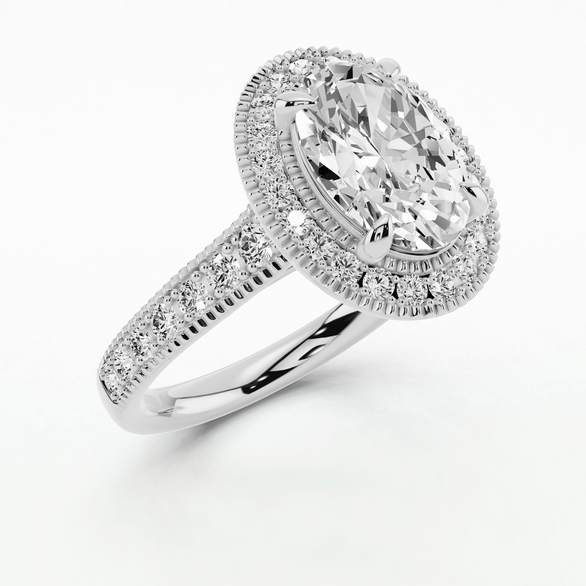 Miligrain Accent Studded Shank With Halo Solitaire Ring-Oval