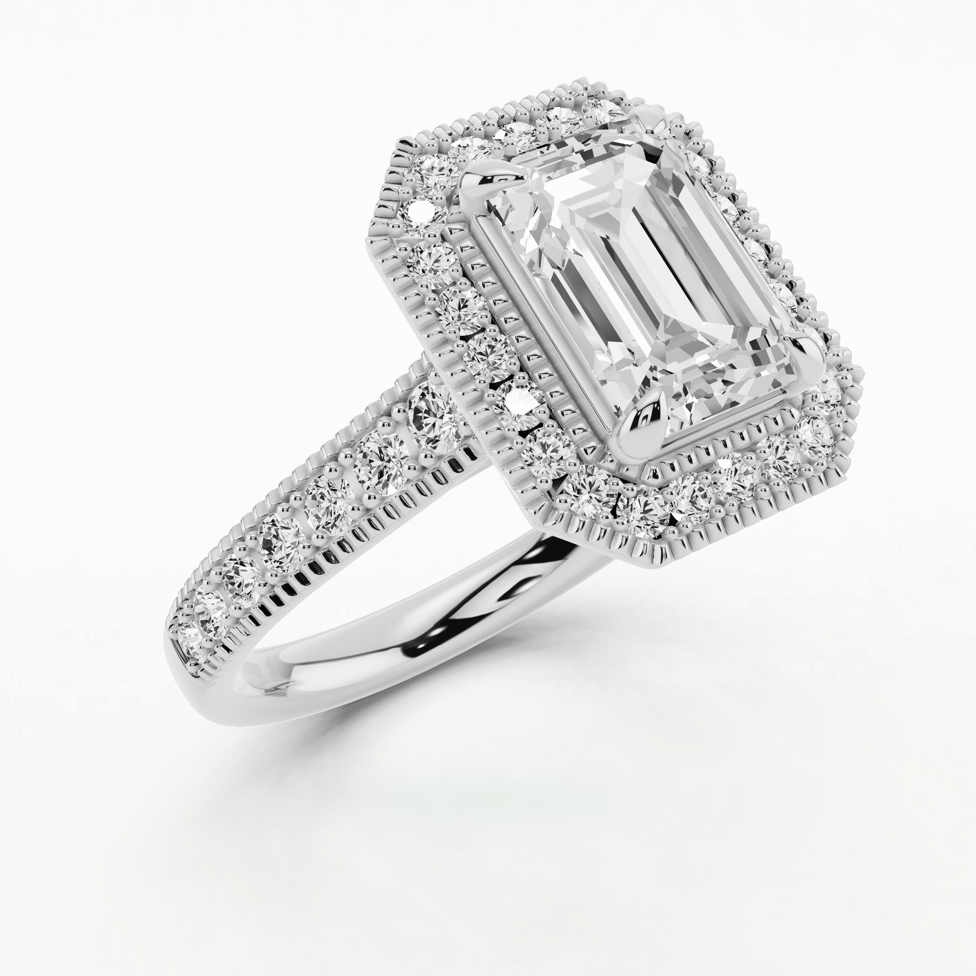 Miligrain Accent Studded Shank With Halo Solitaire Ring-Emerald Cut