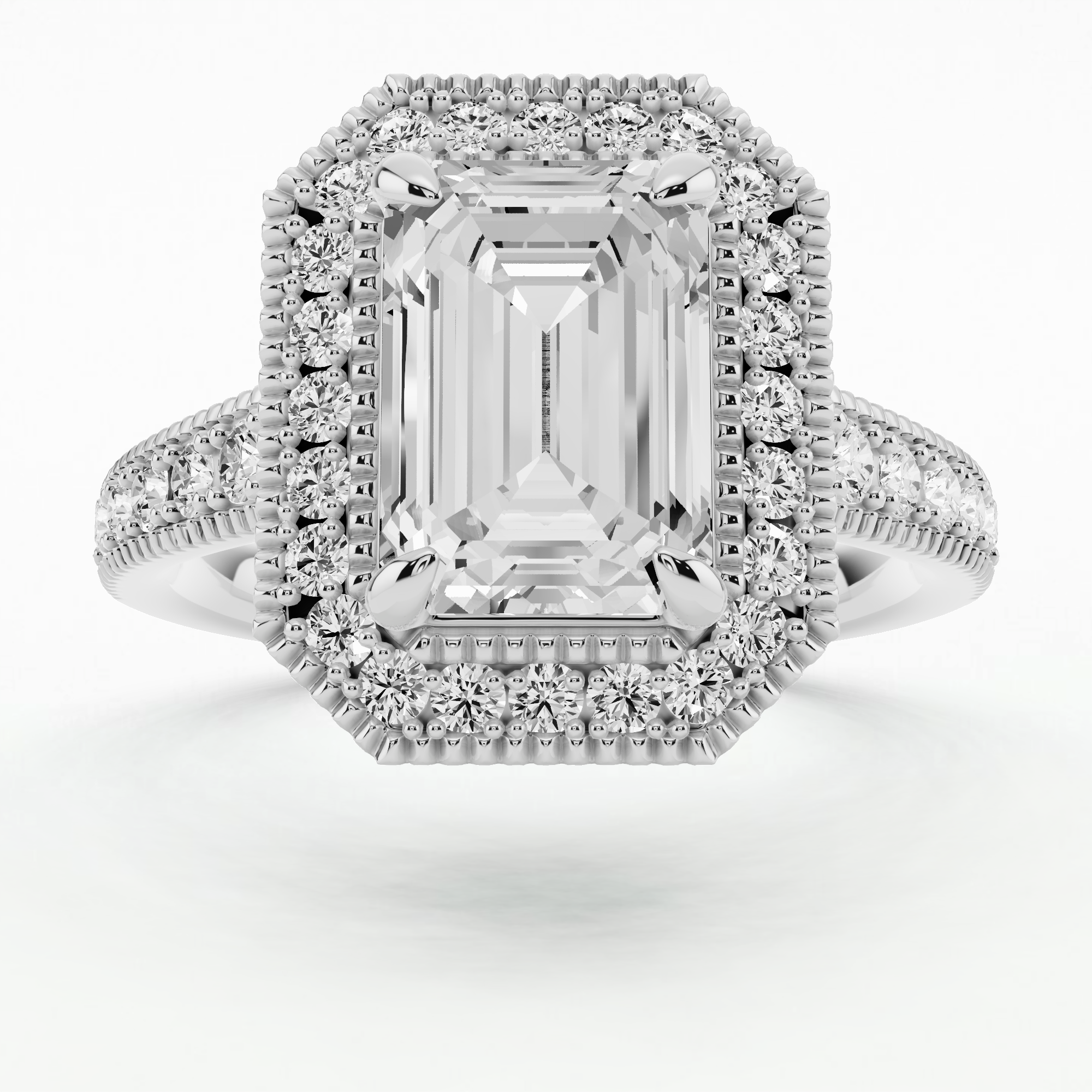 Miligrain Accent Studded Shank With Halo Solitaire Ring-Emerald Cut
