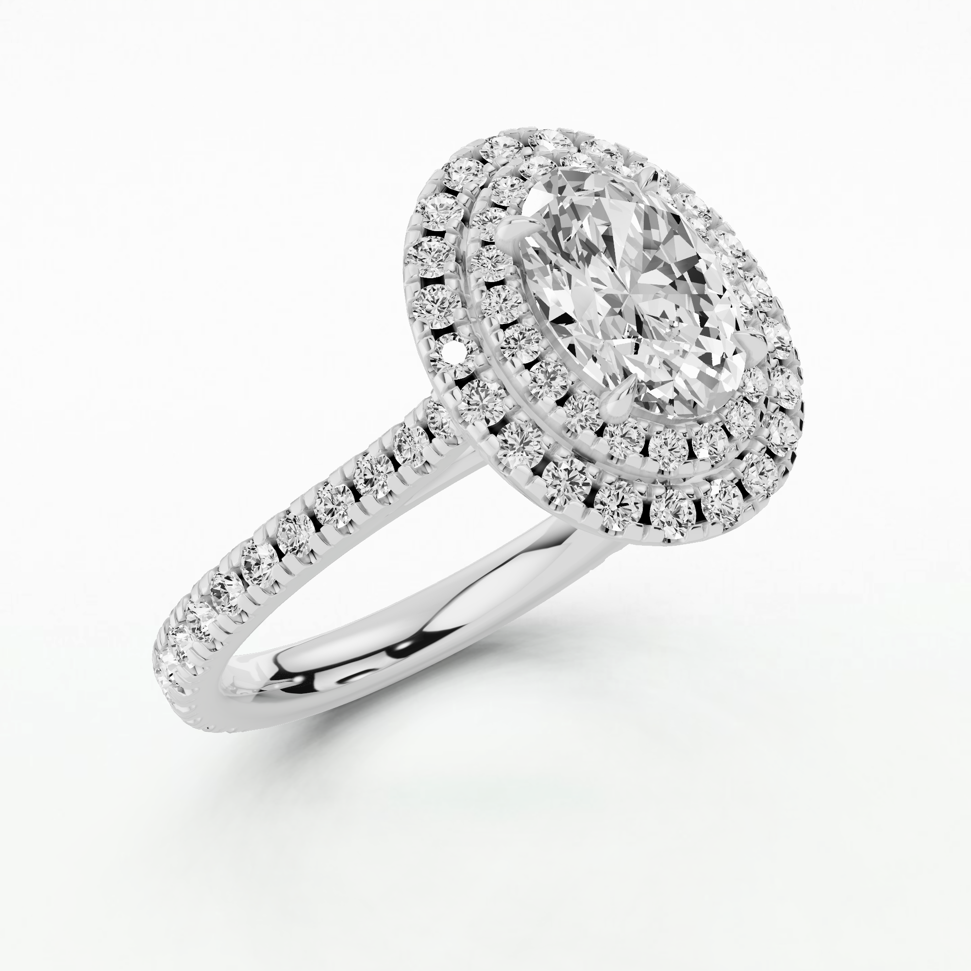 Double Halo Split Pave Shank Solitaire Ring-Oval