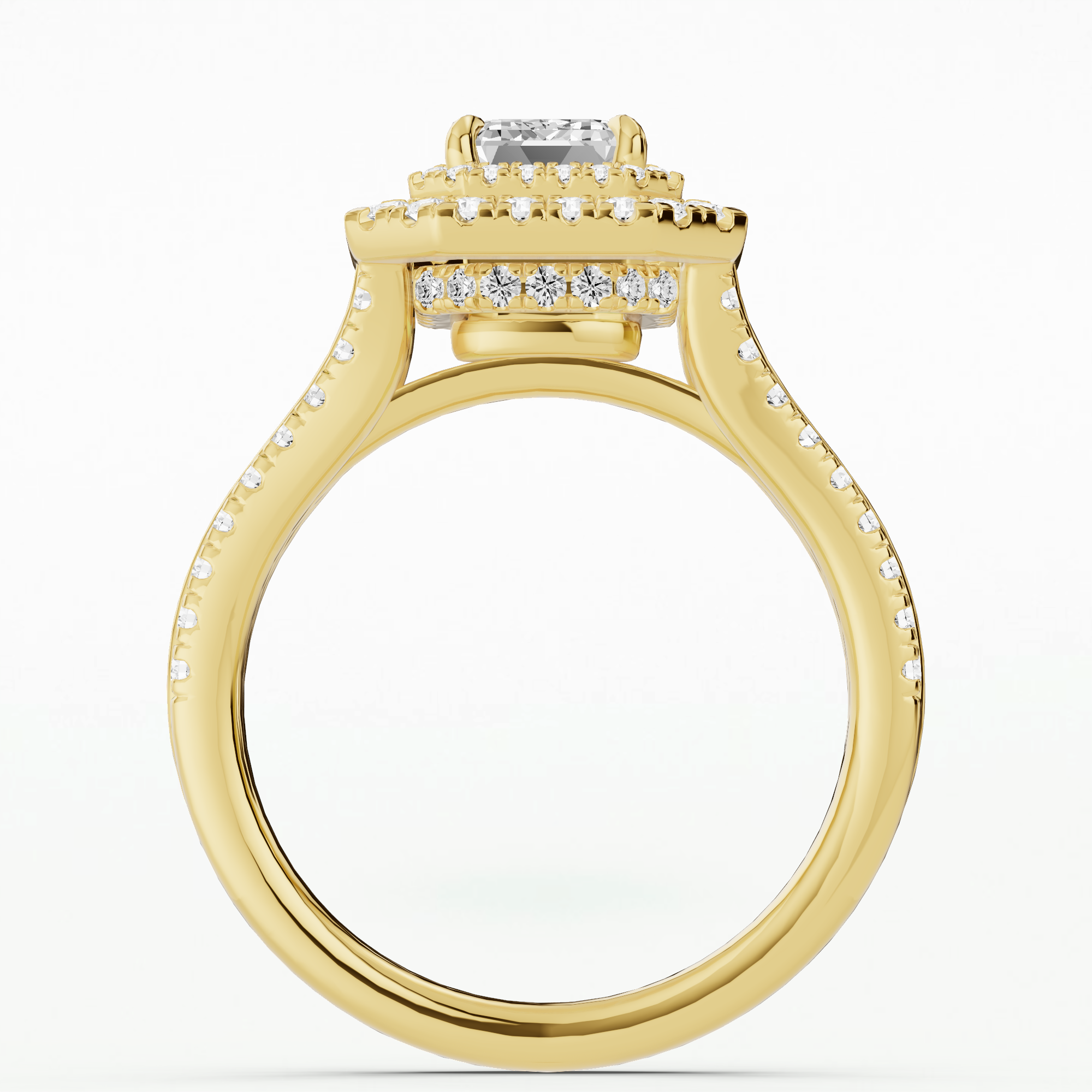 Double Halo Split Shank Solitaire Ring-Emerald Cut