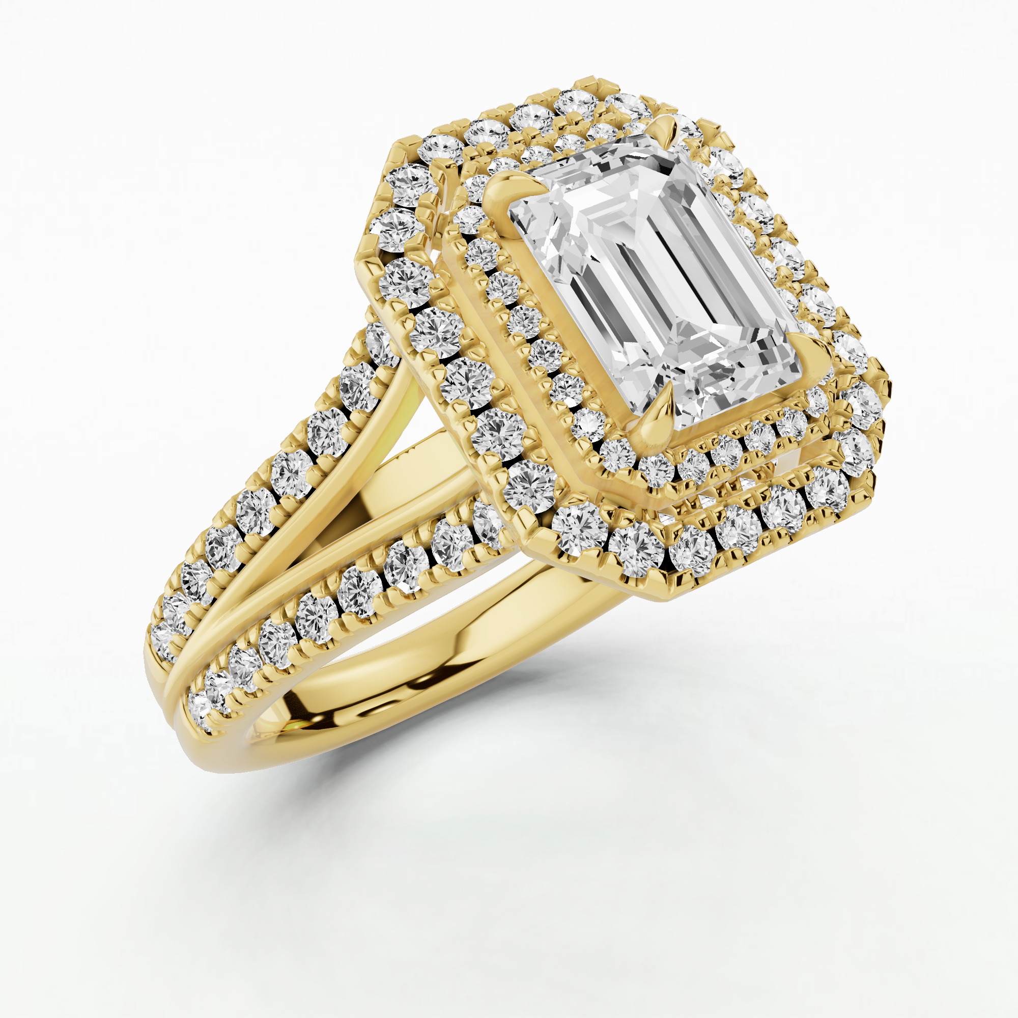 Double Halo Split Shank Solitaire Ring-Emerald Cut