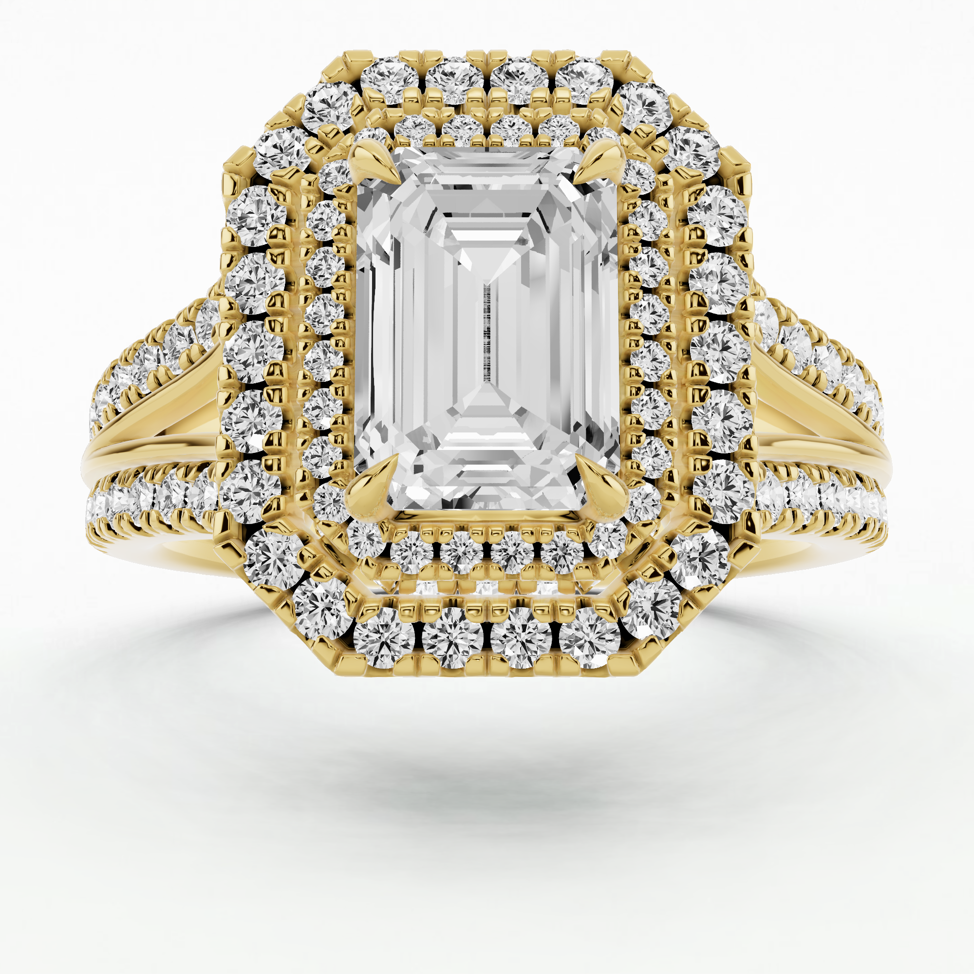 Double Halo Split Shank Solitaire Ring-Emerald Cut