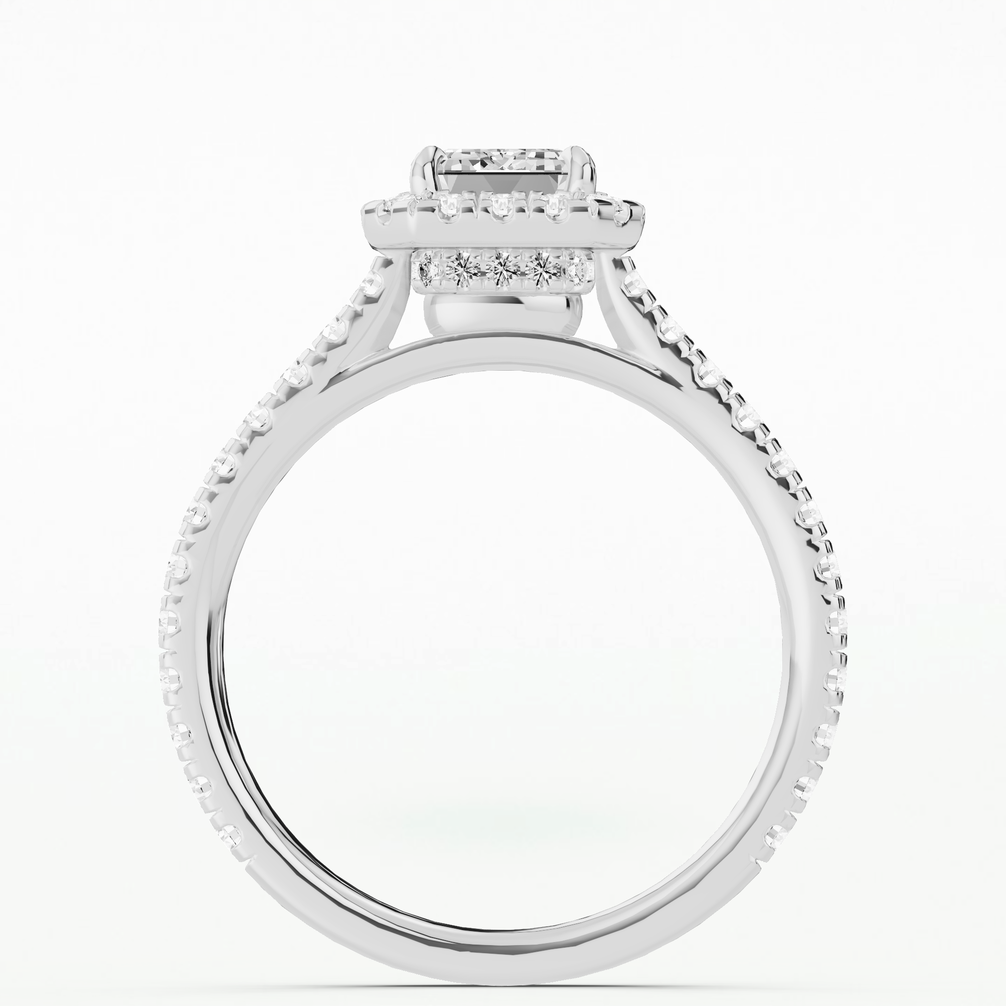 Delicate Halo Studded Shank Solitaire Ring-Emerald Cut