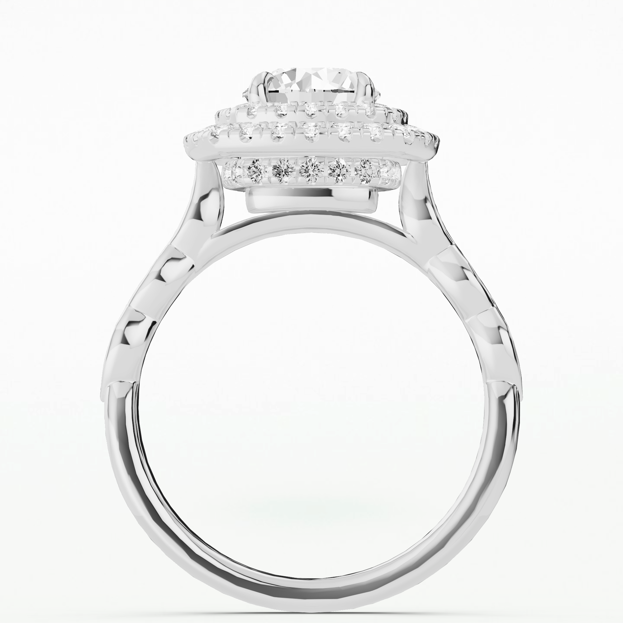 Dual Halo Pave Shank Solitaire Ring-Round
