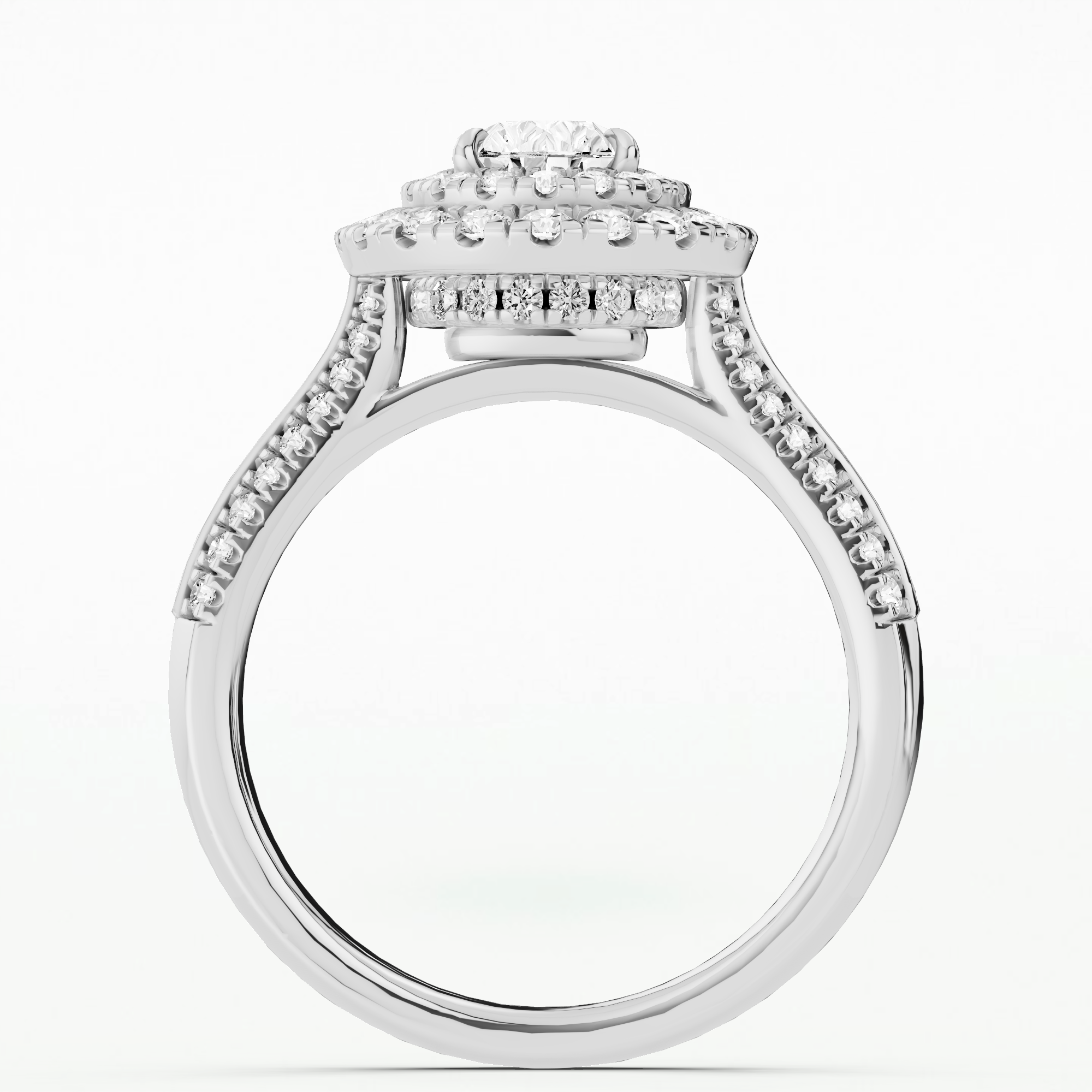 Dual Halo Split-Pave Knife-Edge Shank Solitaire Ring-Pear