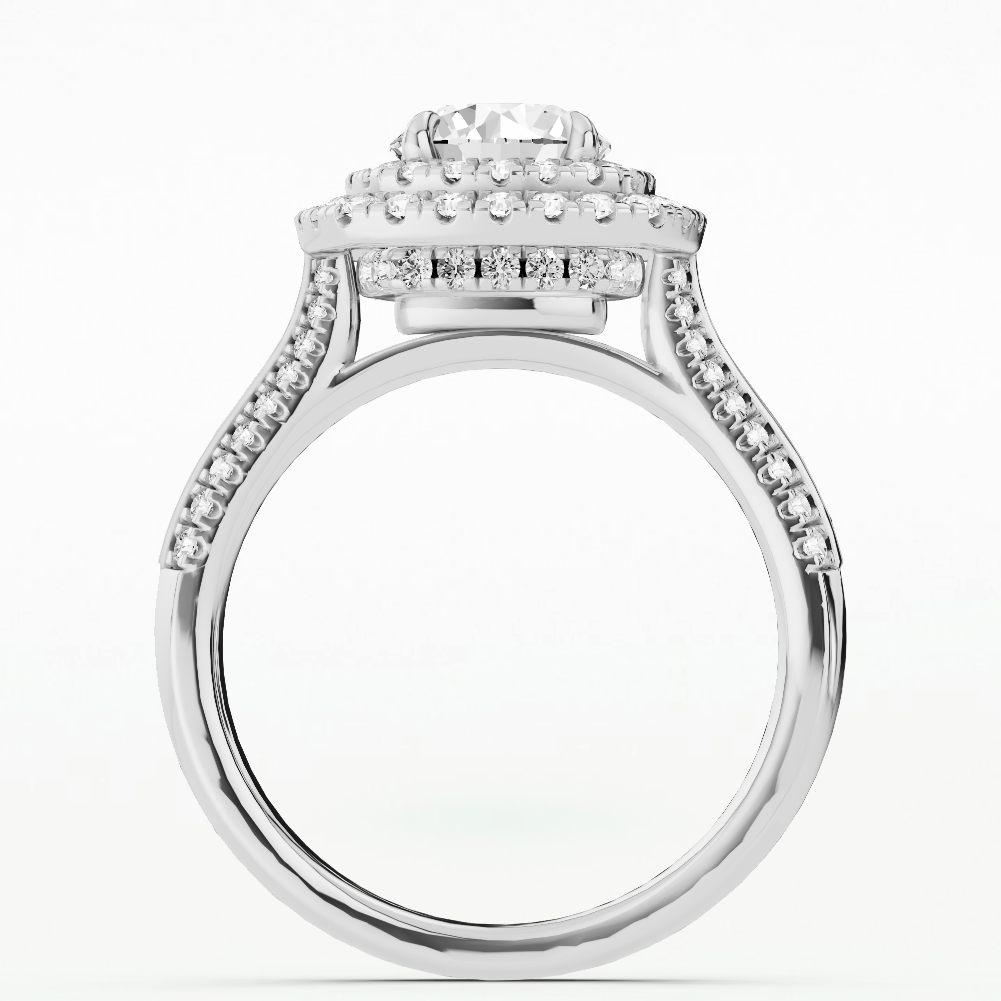 Dual Halo Split-Pave Knife-Edge Shank Solitaire Ring-Round