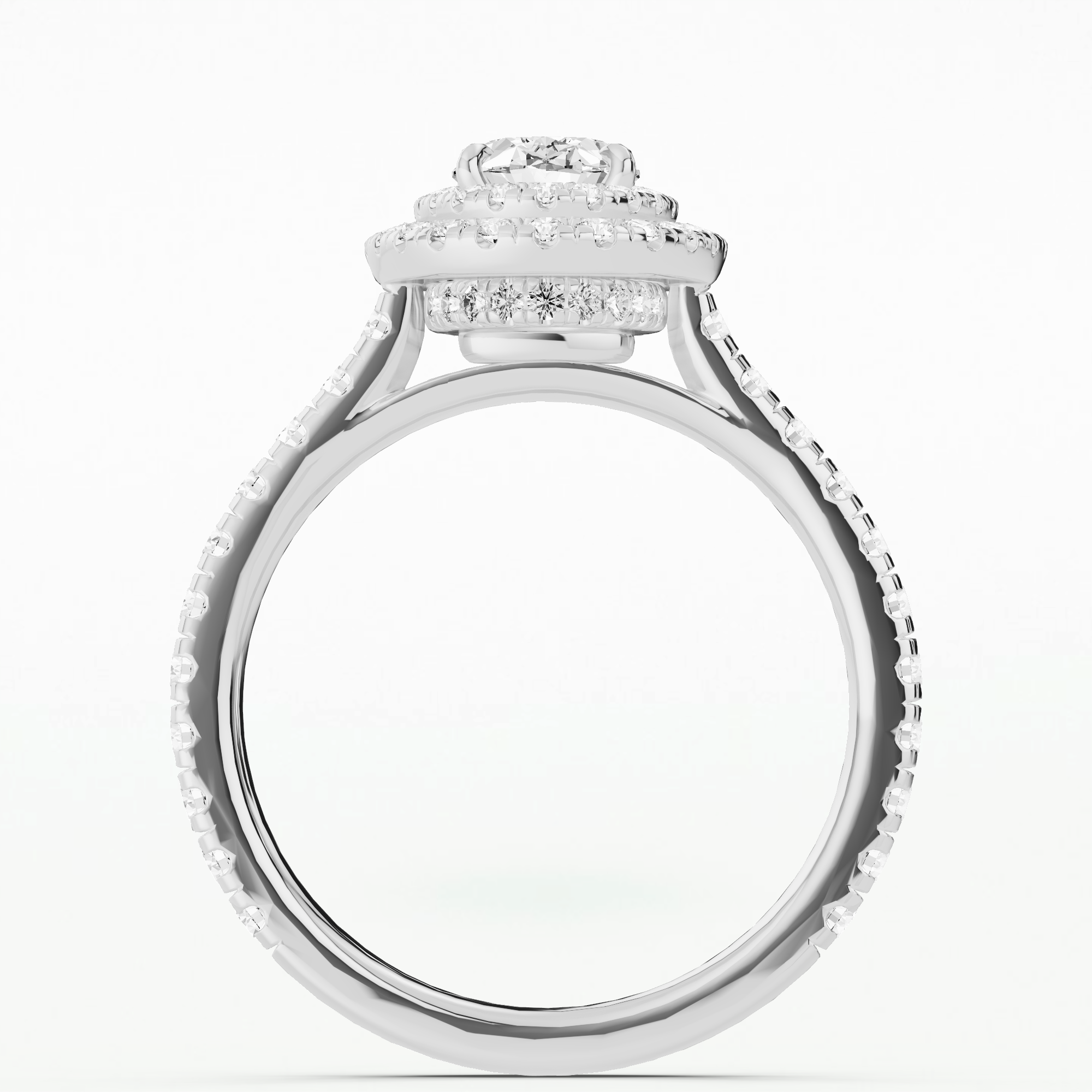 Dual Halo Split-Pave Slender Shank Solitaire Ring-Oval
