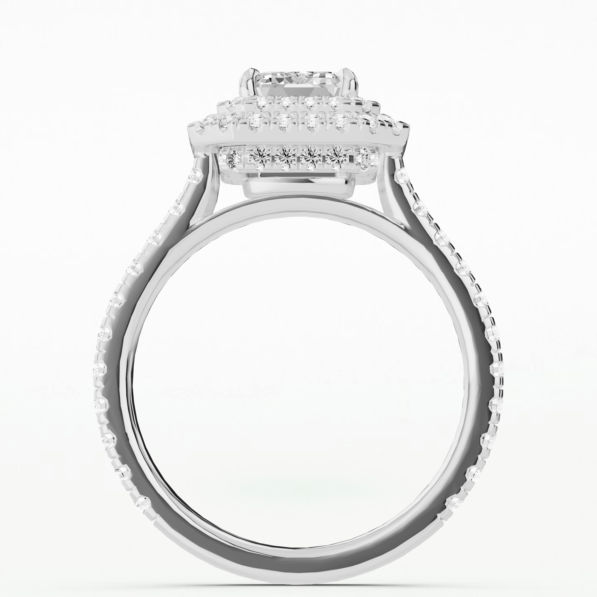 Dual Halo Split-Pave Slender Shank Solitaire Ring-Emerald Cut