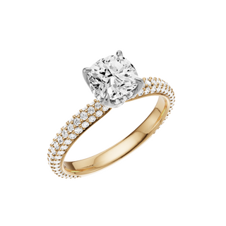 White Smoke Dome Pave 18kt Engagement Ring, with a 1ct Cushion Lab Grown Diamond Solitaire, in a Tulip Hidden Halo Setting