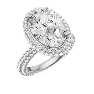 Light Gray Dome Pave 18kt Engagement Ring, with a 5ct Oval Lab Grown Diamond Solitaire, in a Double Halo Setting