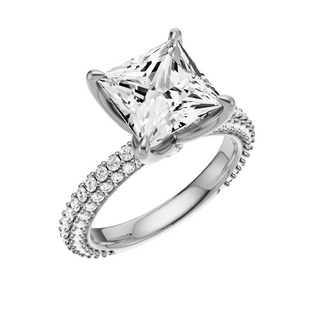 Light Gray Dome Pave 18kt Engagement Ring, with a 3ct Princess Lab Grown Diamond Solitaire, in a Tulip Setting