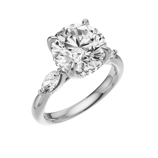 Light Gray Marquise Accent 18kt Engagement Ring, with a 3ct Round Lab Grown Diamond Solitaire, in a Tulip Hidden Halo Setting