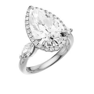 Light Gray Marquise Accent 18kt Engagement Ring, with a 5ct Pear Lab Grown Diamond Solitaire, in a Shadow Halo Setting