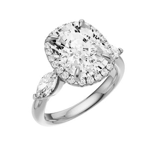 Light Gray Marquise Accent 18kt Engagement Ring, with a 5ct Elongated Cushion Lab Grown Diamond Solitaire, in a Shadow Halo Setting