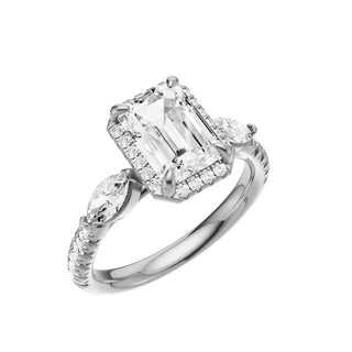 Light Gray Pave Marquise Accent 18kt Engagement Ring, with a 2ct Emerald Lab Grown Diamond Solitaire, in a Shadow Halo Setting
