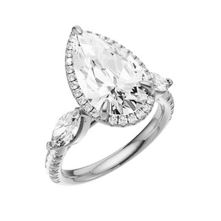 Light Gray Pave Marquise Accent 18kt Engagement Ring, with a 4ct Pear Lab Grown Diamond Solitaire, in a Shadow Halo Setting