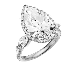 Light Gray Pave Marquise Accent 18kt Engagement Ring, with a 5ct Pear Lab Grown Diamond Solitaire, in a Shadow Halo Setting