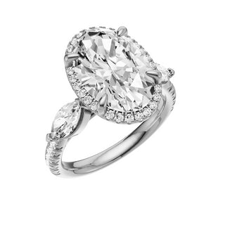 Light Gray Pave Marquise Accent 18kt Engagement Ring, with a 4ct Oval Lab Grown Diamond Solitaire, in a Shadow Halo Setting