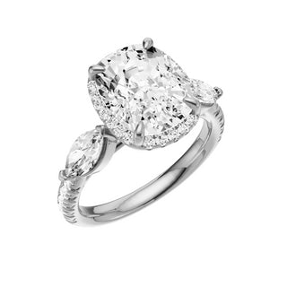Light Gray Pave Marquise Accent 18kt Engagement Ring, with a 4ct Elongated Cushion Lab Grown Diamond Solitaire, in a Shadow Halo Setting