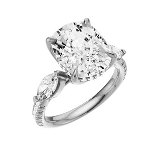 Light Gray Pave Marquise Accent 18kt Engagement Ring, with a 5ct Elongated Cushion Lab Grown Diamond Solitaire, in a Tulip Hidden Halo Setting