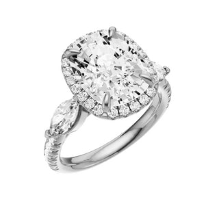 Light Gray Pave Marquise Accent 18kt Engagement Ring, with a 5ct Elongated Cushion Lab Grown Diamond Solitaire, in a Shadow Halo Setting