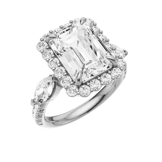 White Smoke Pave Marquise Accent 14kt Engagement Ring, with a 5.53ct Emerald Lab Grown Diamond Solitaire, in a Diana Halo Setting