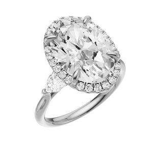 Light Gray Pear Accent 18kt Engagement Ring, with a 5ct Oval Lab Grown Diamond Solitaire, in a Shadow Halo Setting