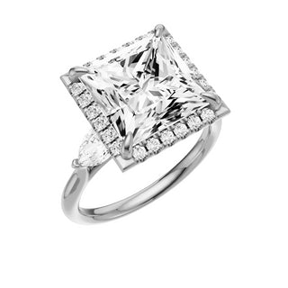 Light Gray Pear Accent 18kt Engagement Ring, with a 5ct Princess Lab Grown Diamond Solitaire, in a Shadow Halo Setting