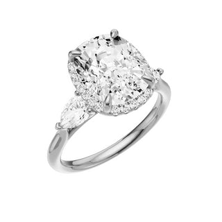Light Gray Pear Accent 18kt Engagement Ring, with a 4ct Elongated Cushion Lab Grown Diamond Solitaire, in a Shadow Halo Setting