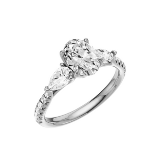Light Gray Pave Pear Accent 18kt Engagement Ring, with a 1ct Oval Lab Grown Diamond Solitaire, in a Tulip Setting