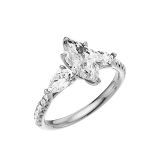 Light Gray Pave Pear Accent PL Engagement Ring, with a 1ct Marquise Lab Grown Diamond Solitaire, in a Tulip Setting