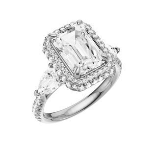 White Smoke Pave Pear Accent 18kt Engagement Ring, with a 3ct Emerald Lab Grown Diamond Solitaire, in a Double Halo Setting