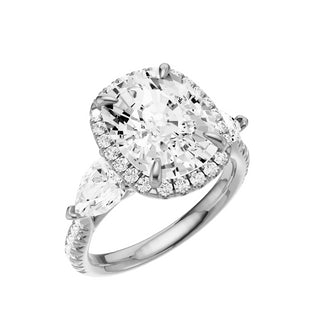 Light Gray Pave Pear Accent 18kt Engagement Ring, with a 5ct Elongated Cushion Lab Grown Diamond Solitaire, in a Shadow Halo Setting