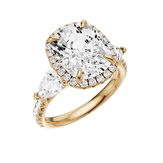 White Smoke Pave Pear Accent 14kt Engagement Ring, with a 5ct Elongated Cushion Lab Grown Diamond Solitaire, in a Shadow Halo Setting