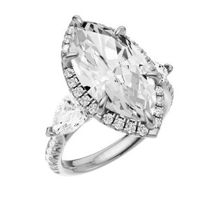 Light Gray Pave Pear Accent PL Engagement Ring, with a 5ct Marquise Lab Grown Diamond Solitaire, in a Shadow Halo Setting
