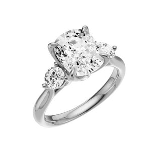 Light Gray Round Accent 18kt Engagement Ring, with a 3ct Elongated Cushion Lab Grown Diamond Solitaire, in a Tulip Setting