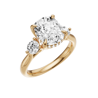 White Smoke Round Accent 14kt Engagement Ring, with a 3ct Elongated Cushion Lab Grown Diamond Solitaire, in a Tulip Hidden Halo Setting