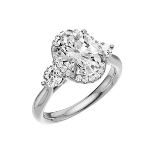 White Smoke Round Accent PL Engagement Ring, with a 2ct Oval Lab Grown Diamond Solitaire, in a Shadow Halo Setting