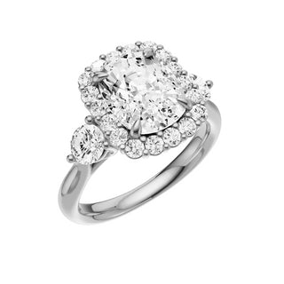 Light Gray Round Accent 18kt Engagement Ring, with a 3ct Elongated Cushion Lab Grown Diamond Solitaire, in a Diana Halo Setting