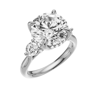 White Smoke Round Accent 18kt Engagement Ring, with a 4ct Round Lab Grown Diamond Solitaire, in a Tulip Hidden Halo Setting