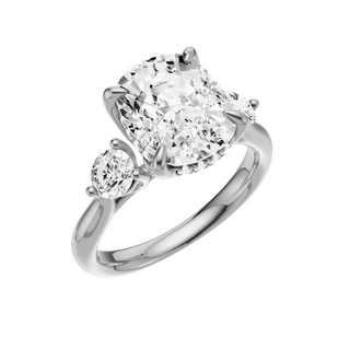 White Smoke Round Accent 14kt Engagement Ring, with a 4ct Elongated Cushion Lab Grown Diamond Solitaire, in a Tulip Hidden Halo Setting