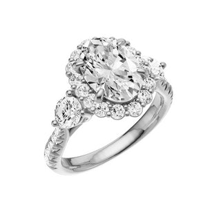 Light Gray Pave Round Accent 18kt Engagement Ring, with a 2ct Oval Lab Grown Diamond Solitaire, in a Diana Halo Setting